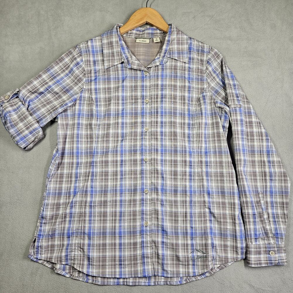 LL Bean Shirt Womens M Gray Plaid Button Down Long Sleeve Outdoors Hiking Vented